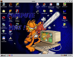 A screenshot of Windows 98 running in QEMU.