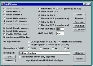 A screenshot of the SoftGPU setup program