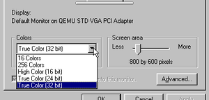 A screenshot of enabling 32-bit color on Windows 98 SE